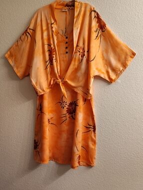 Bahama Mama Women’s 2 Piece Sz L Orange Floral Dress & Tie-Front Top B28 X P